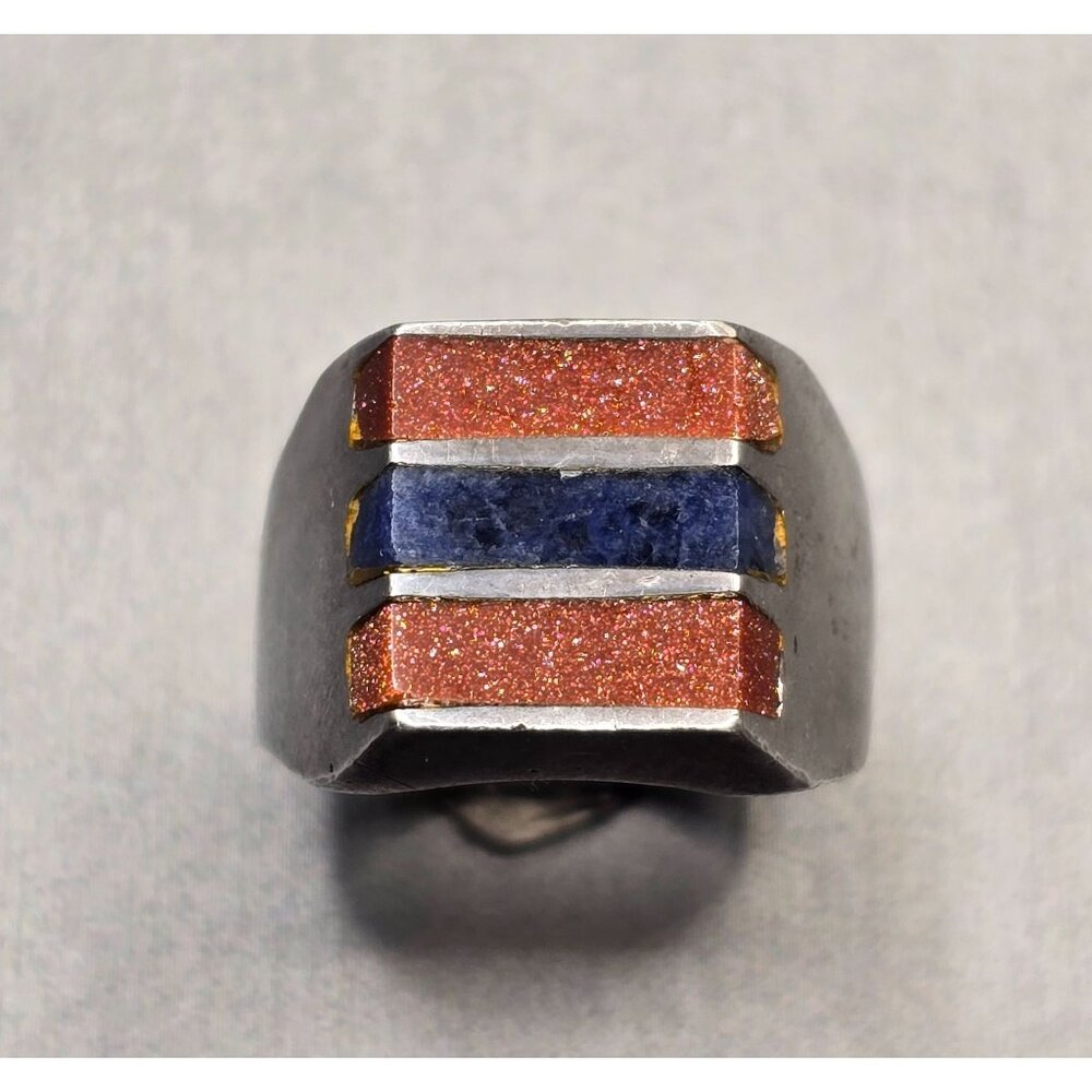 VTG Sterling Silver 925 Lapis & Goldstone Signet Ring Size 9 Inlay 11.39g Mexico - Picture 9 of 9